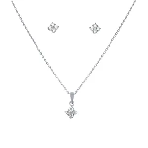 Diamond Shaped Cluster Stud Earrings and Necklace Set with Cubic Zirconia in Sterling Silver