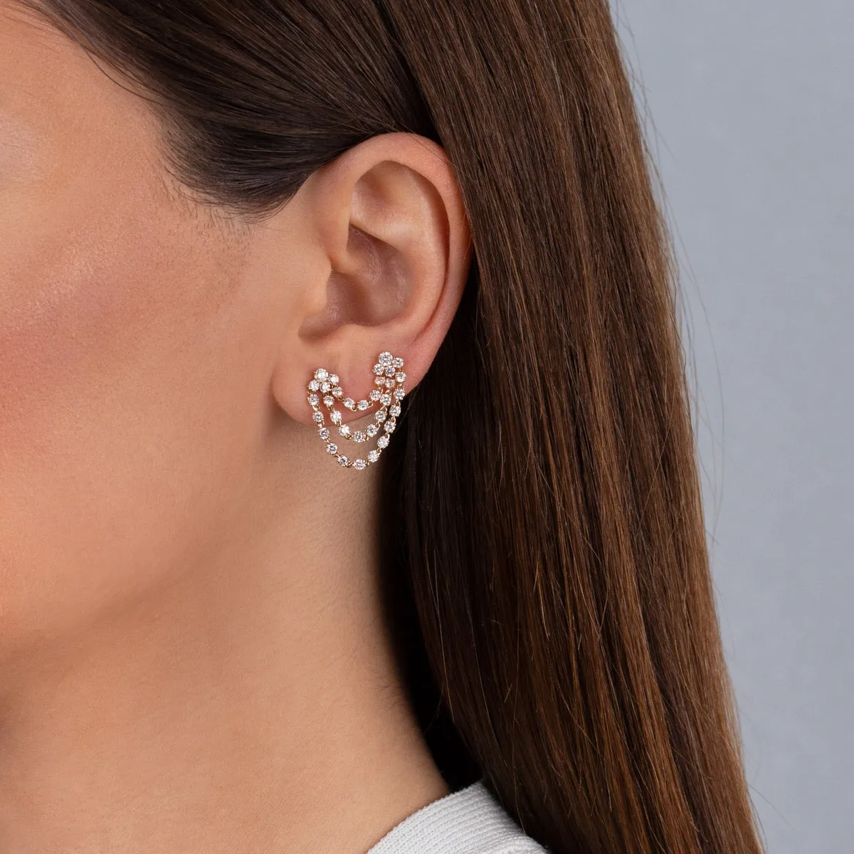 Diamond Triple Strand Cluster Stud Earring 14K
