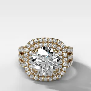 Double Halo Triple Shank Engagement Ring With Round Cut Diamond