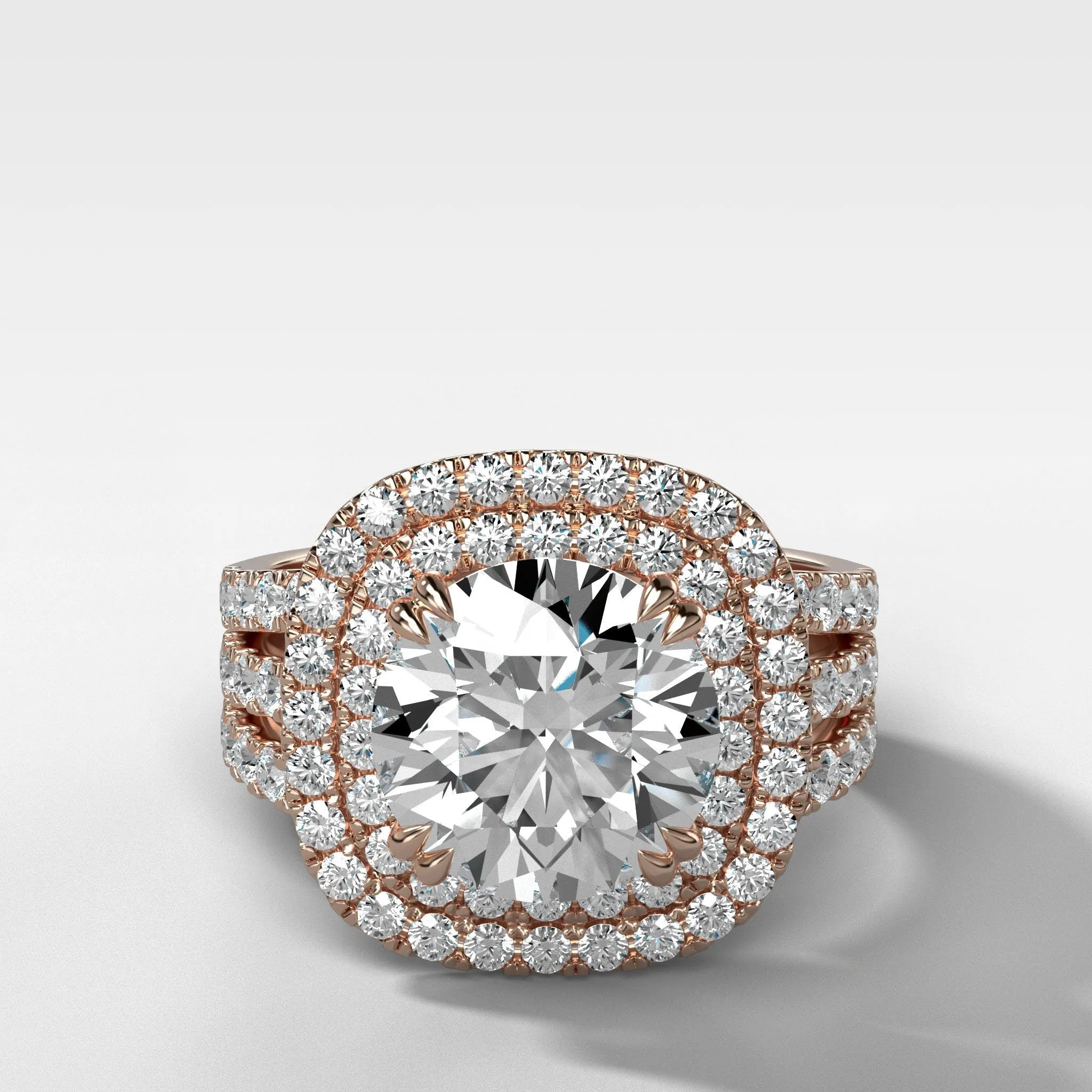 Double Halo Triple Shank Engagement Ring With Round Cut Diamond