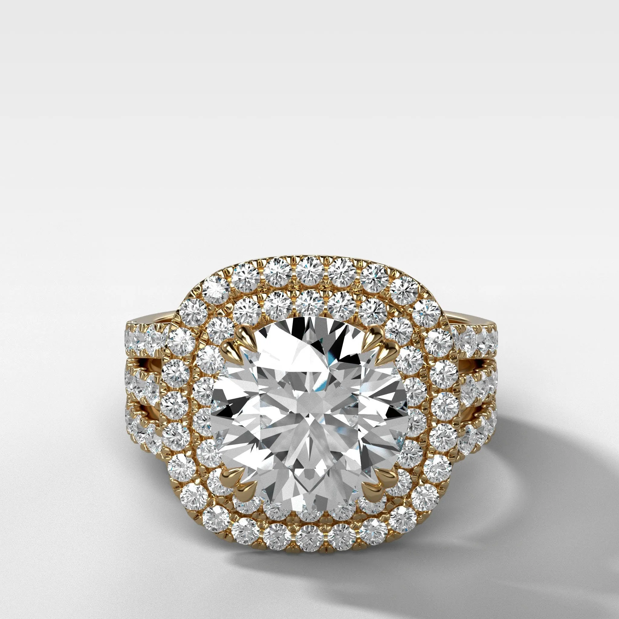 Double Halo Triple Shank Engagement Ring With Round Cut Diamond