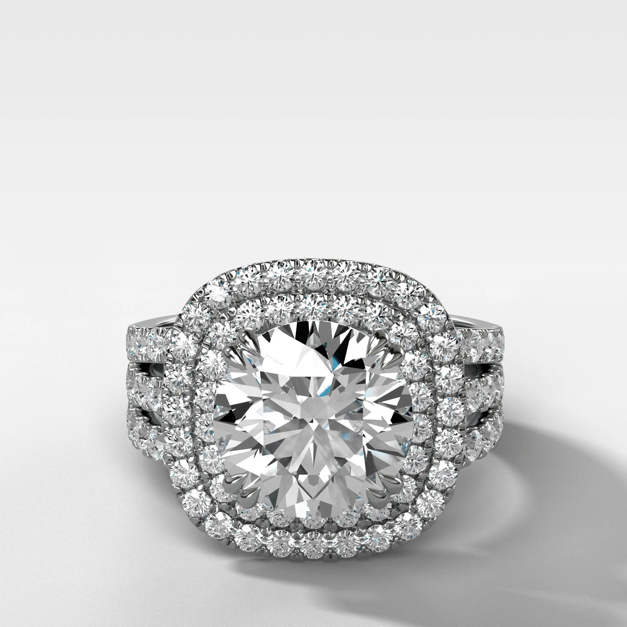 Double Halo Triple Shank Engagement Ring With Round Cut Diamond