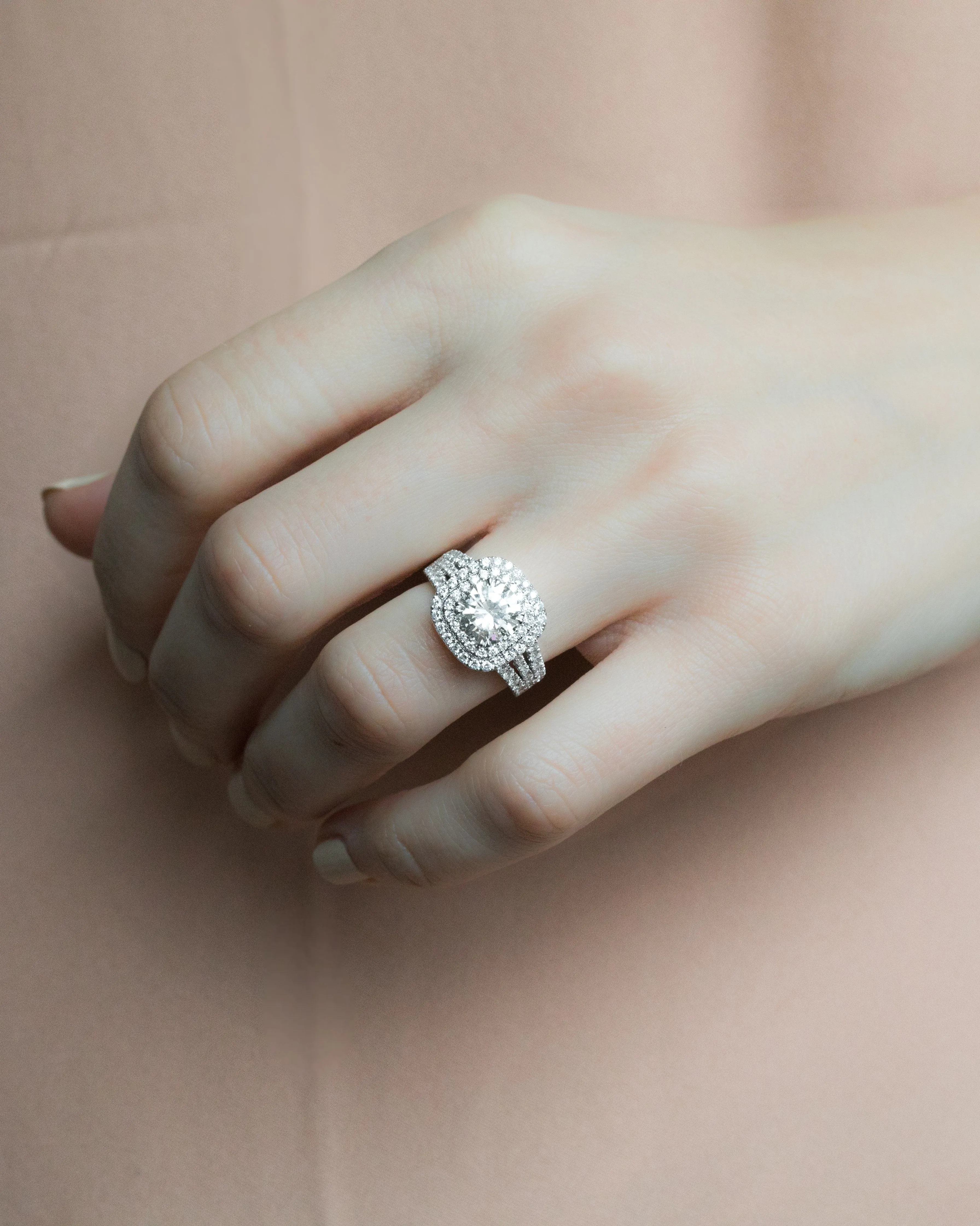 Double Halo Triple Shank Engagement Ring With Round Cut Diamond