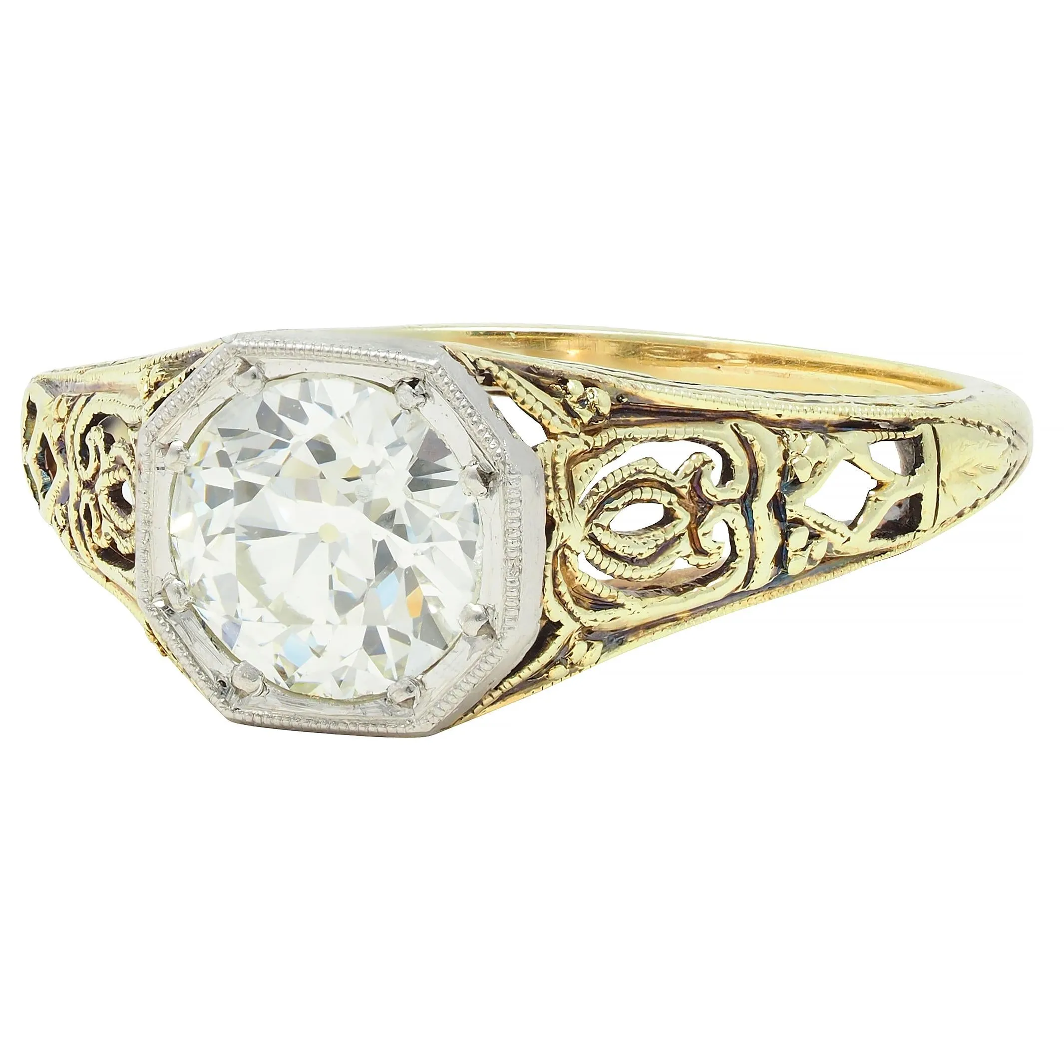 Early Art Deco 0.97 CTW Old European Cut Diamond Platinum 14 Karat Gold Scroll Antique Engagement Ring
