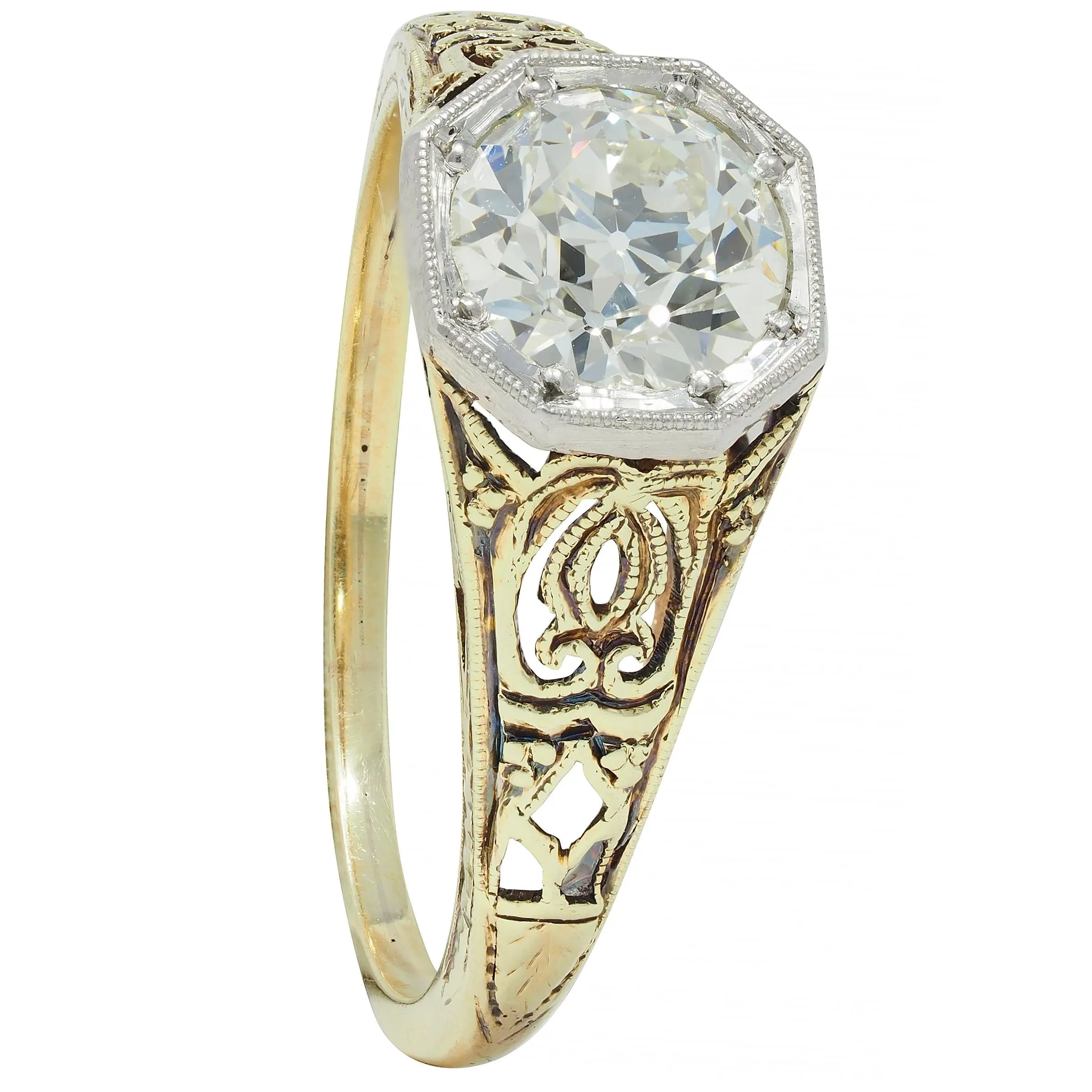 Early Art Deco 0.97 CTW Old European Cut Diamond Platinum 14 Karat Gold Scroll Antique Engagement Ring