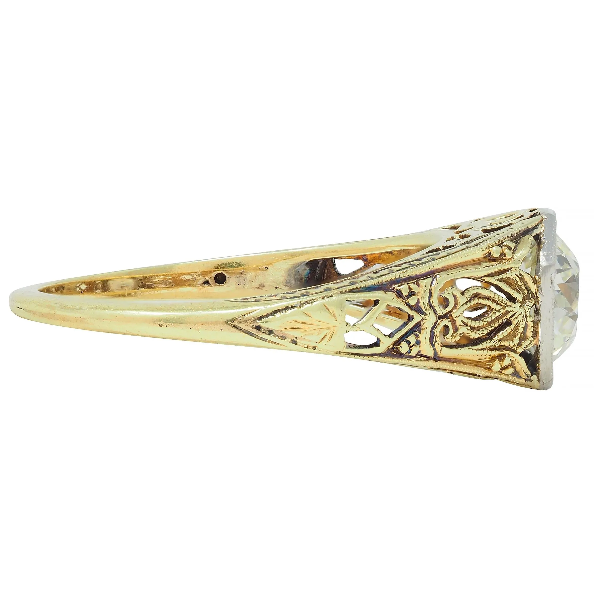 Early Art Deco 0.97 CTW Old European Cut Diamond Platinum 14 Karat Gold Scroll Antique Engagement Ring