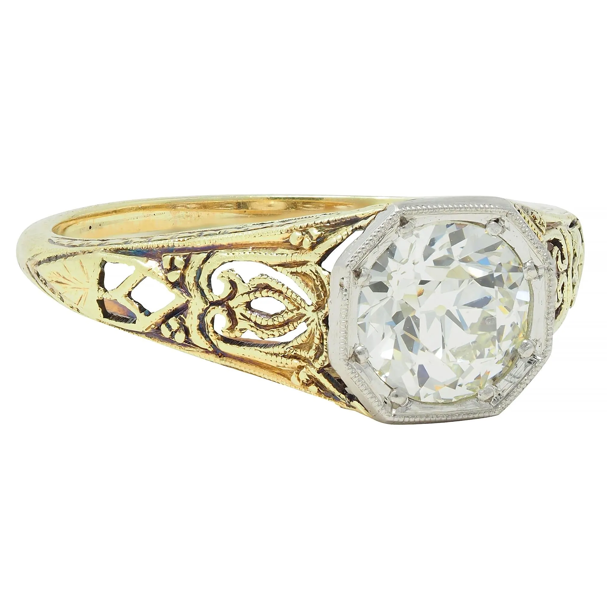 Early Art Deco 0.97 CTW Old European Cut Diamond Platinum 14 Karat Gold Scroll Antique Engagement Ring