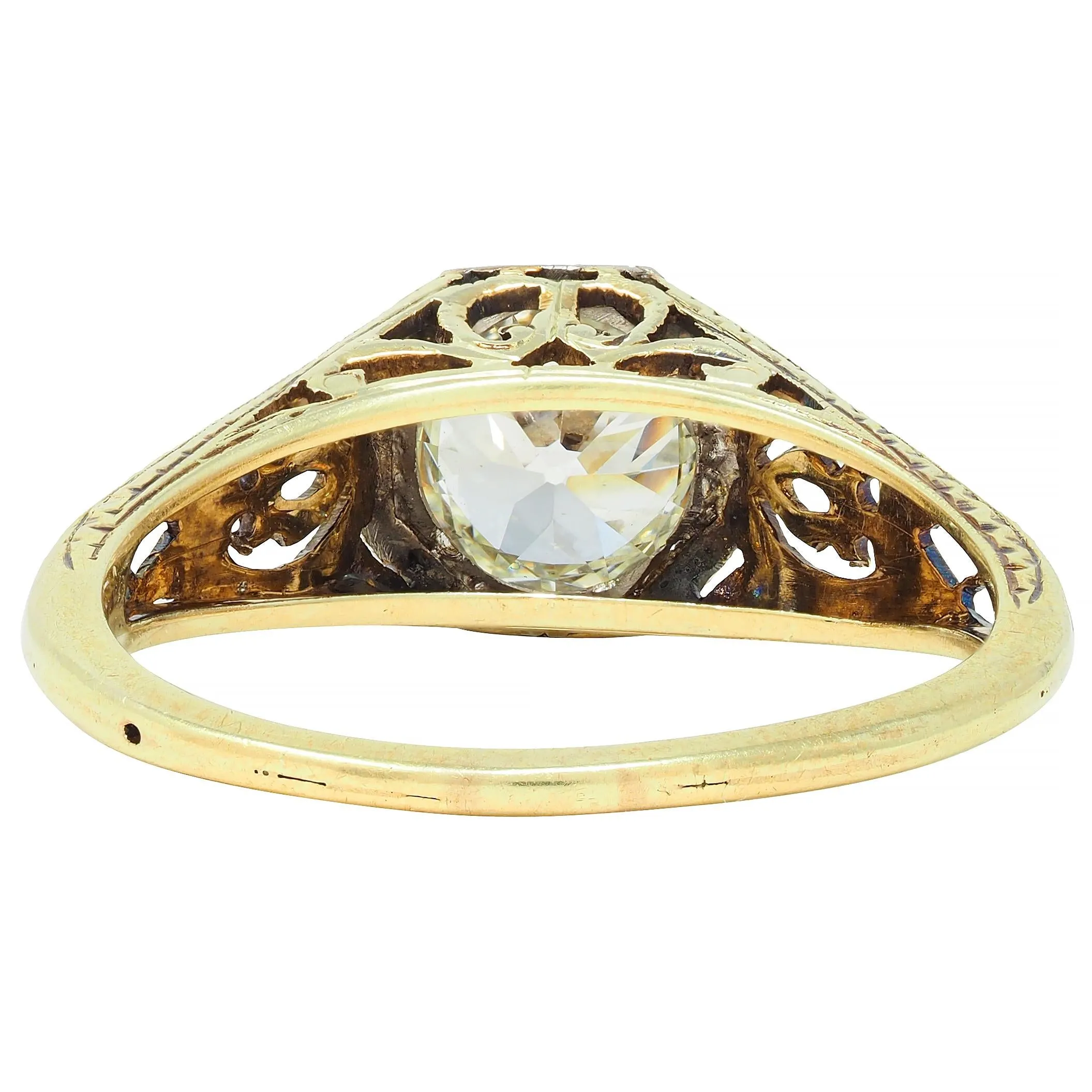 Early Art Deco 0.97 CTW Old European Cut Diamond Platinum 14 Karat Gold Scroll Antique Engagement Ring