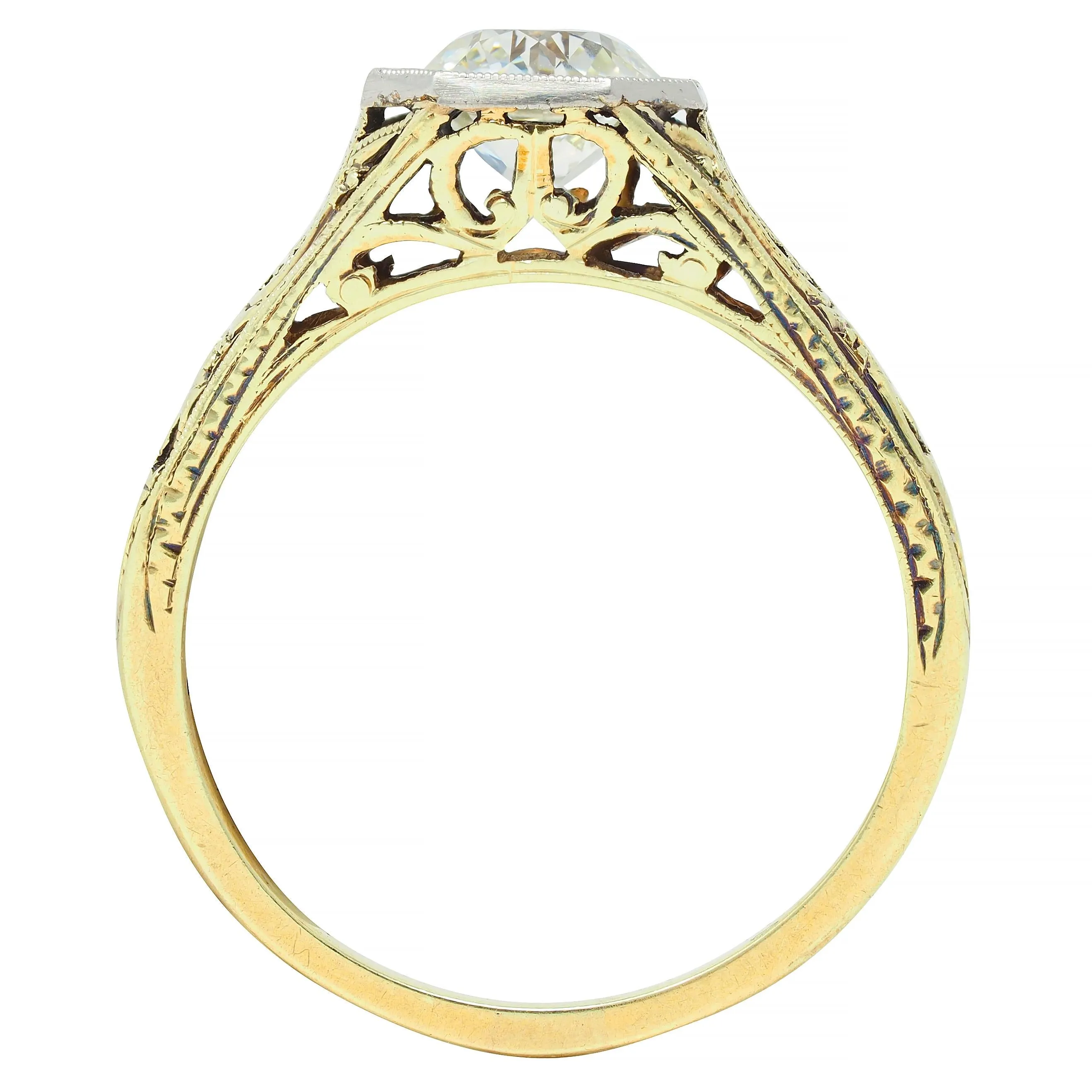 Early Art Deco 0.97 CTW Old European Cut Diamond Platinum 14 Karat Gold Scroll Antique Engagement Ring