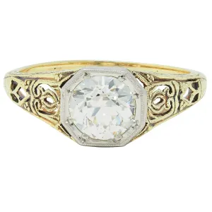 Early Art Deco 0.97 CTW Old European Cut Diamond Platinum 14 Karat Gold Scroll Antique Engagement Ring
