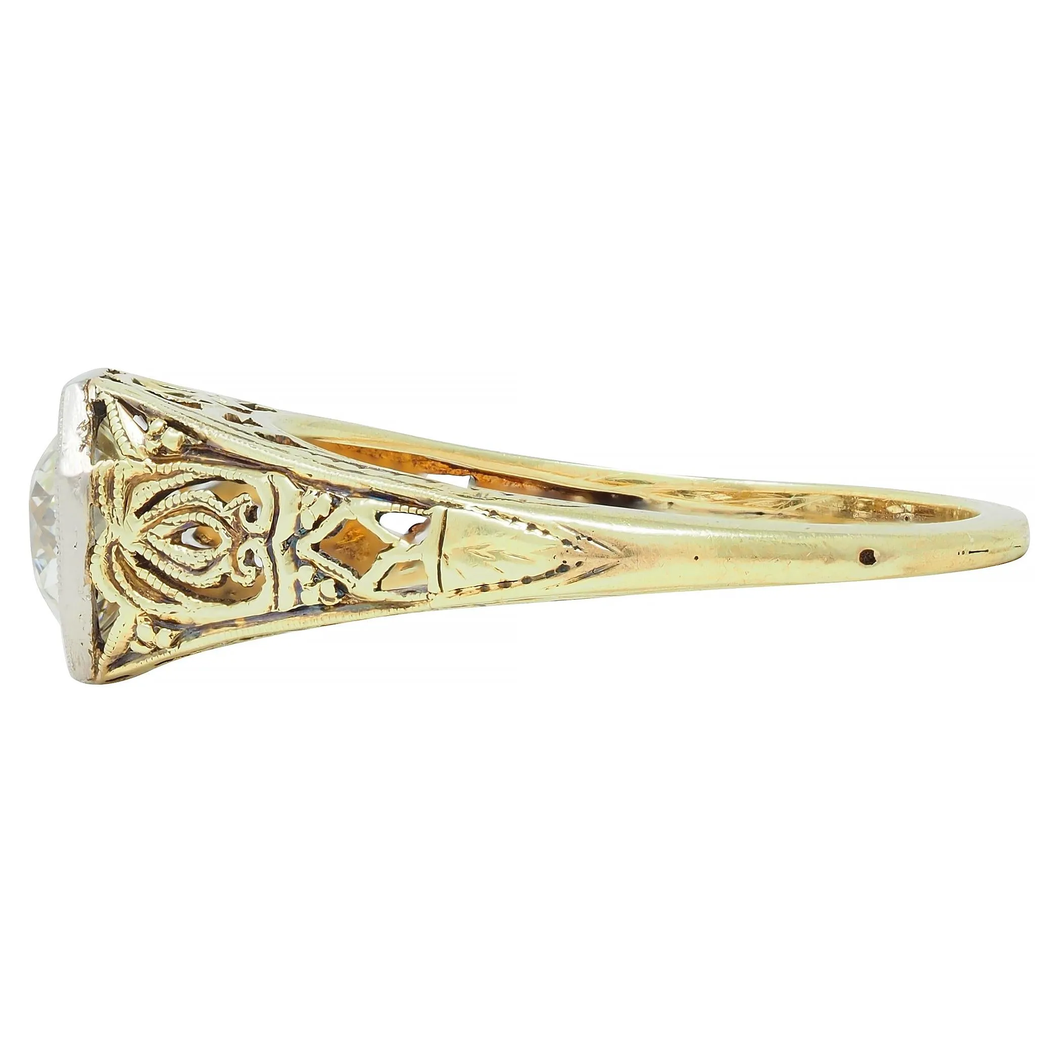 Early Art Deco 0.97 CTW Old European Cut Diamond Platinum 14 Karat Gold Scroll Antique Engagement Ring