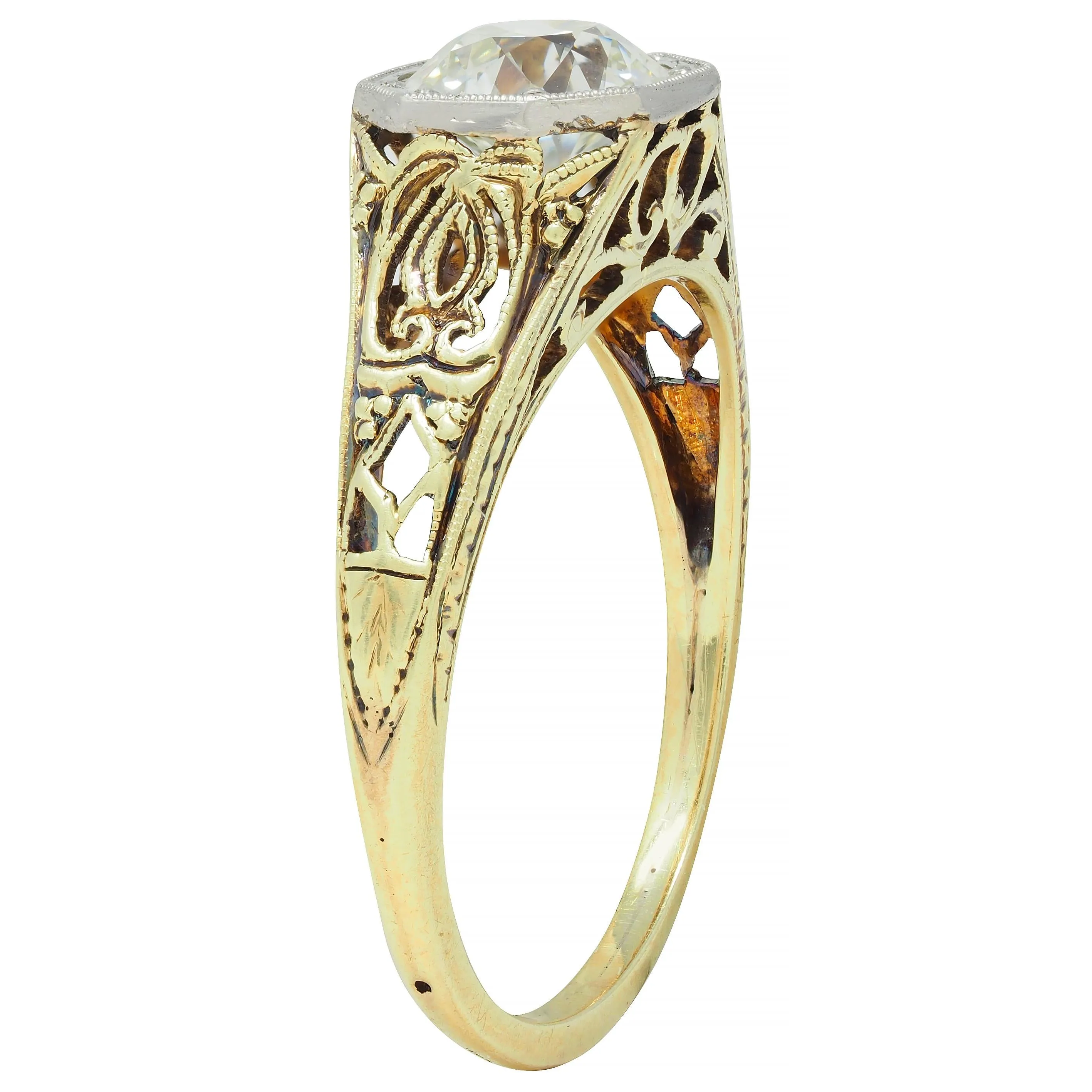 Early Art Deco 0.97 CTW Old European Cut Diamond Platinum 14 Karat Gold Scroll Antique Engagement Ring
