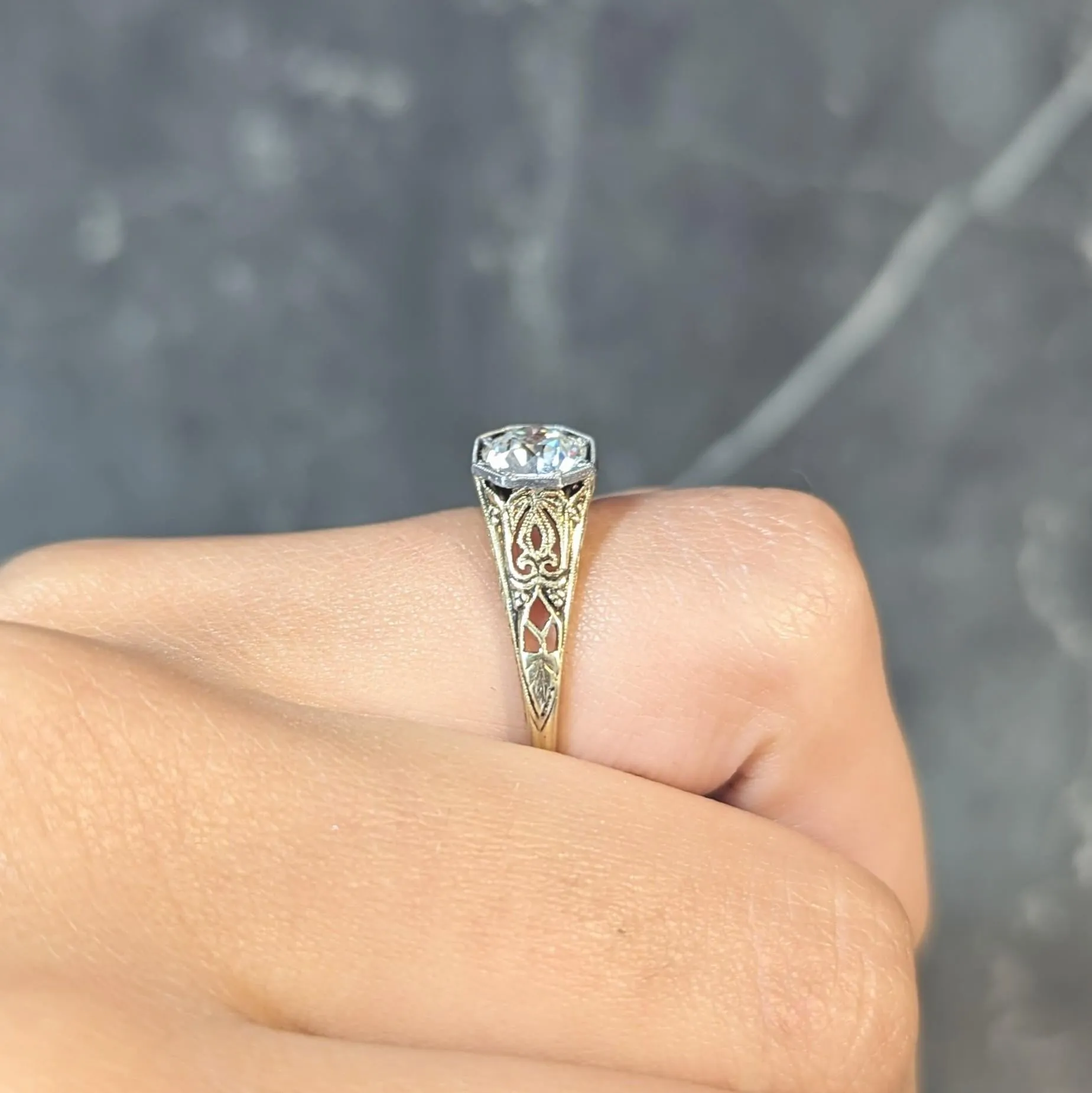Early Art Deco 0.97 CTW Old European Cut Diamond Platinum 14 Karat Gold Scroll Antique Engagement Ring