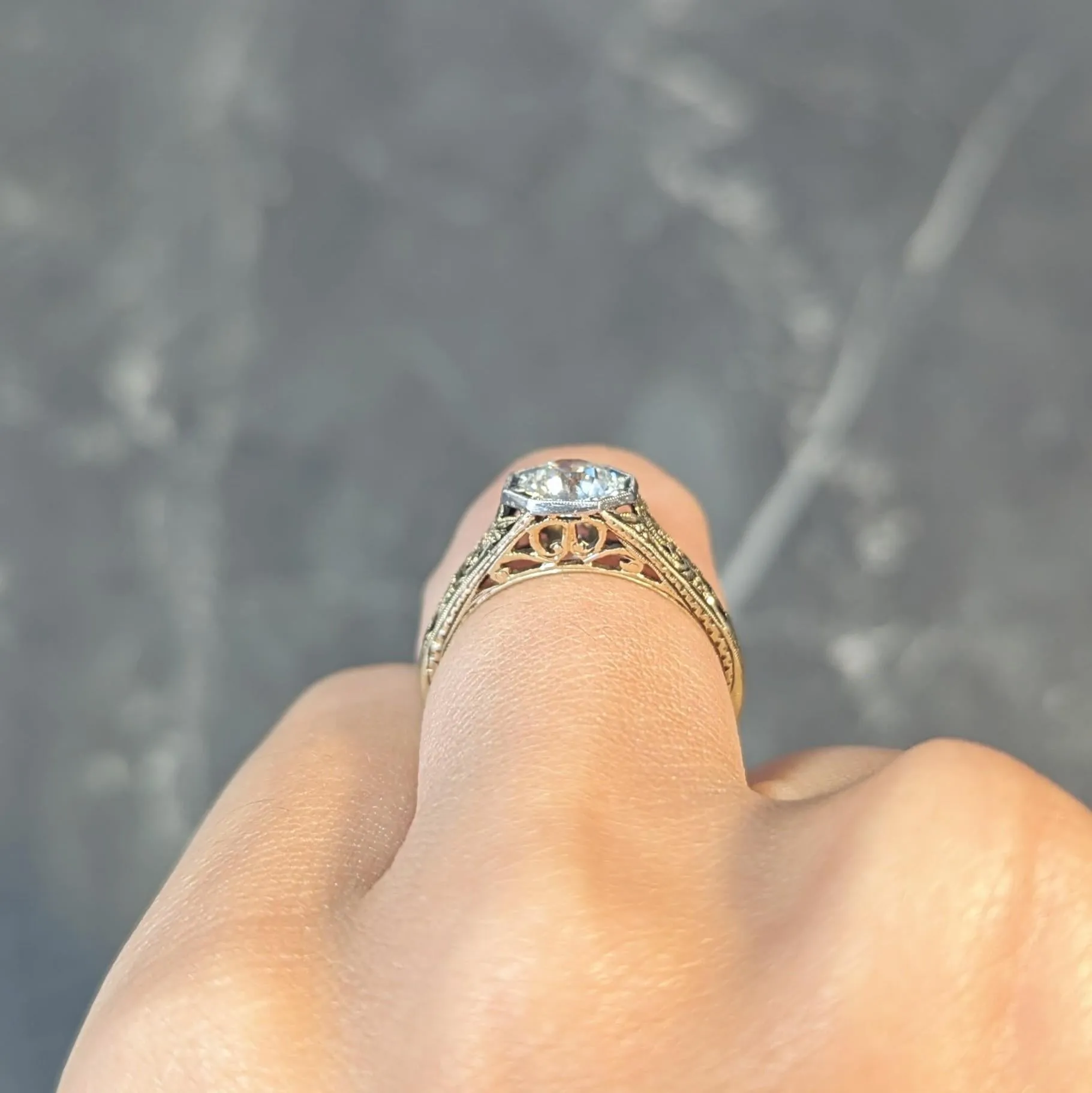 Early Art Deco 0.97 CTW Old European Cut Diamond Platinum 14 Karat Gold Scroll Antique Engagement Ring