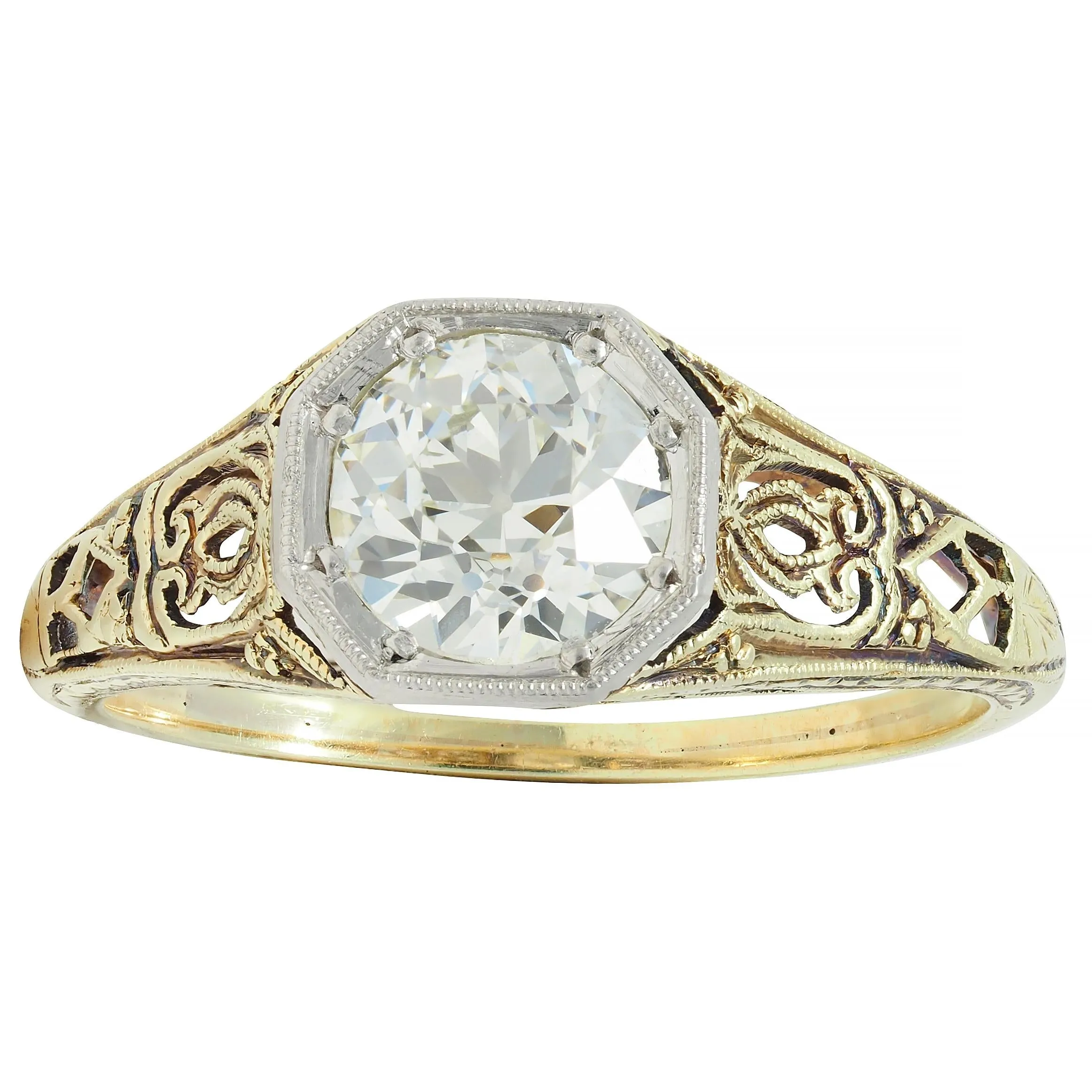 Early Art Deco 0.97 CTW Old European Cut Diamond Platinum 14 Karat Gold Scroll Antique Engagement Ring