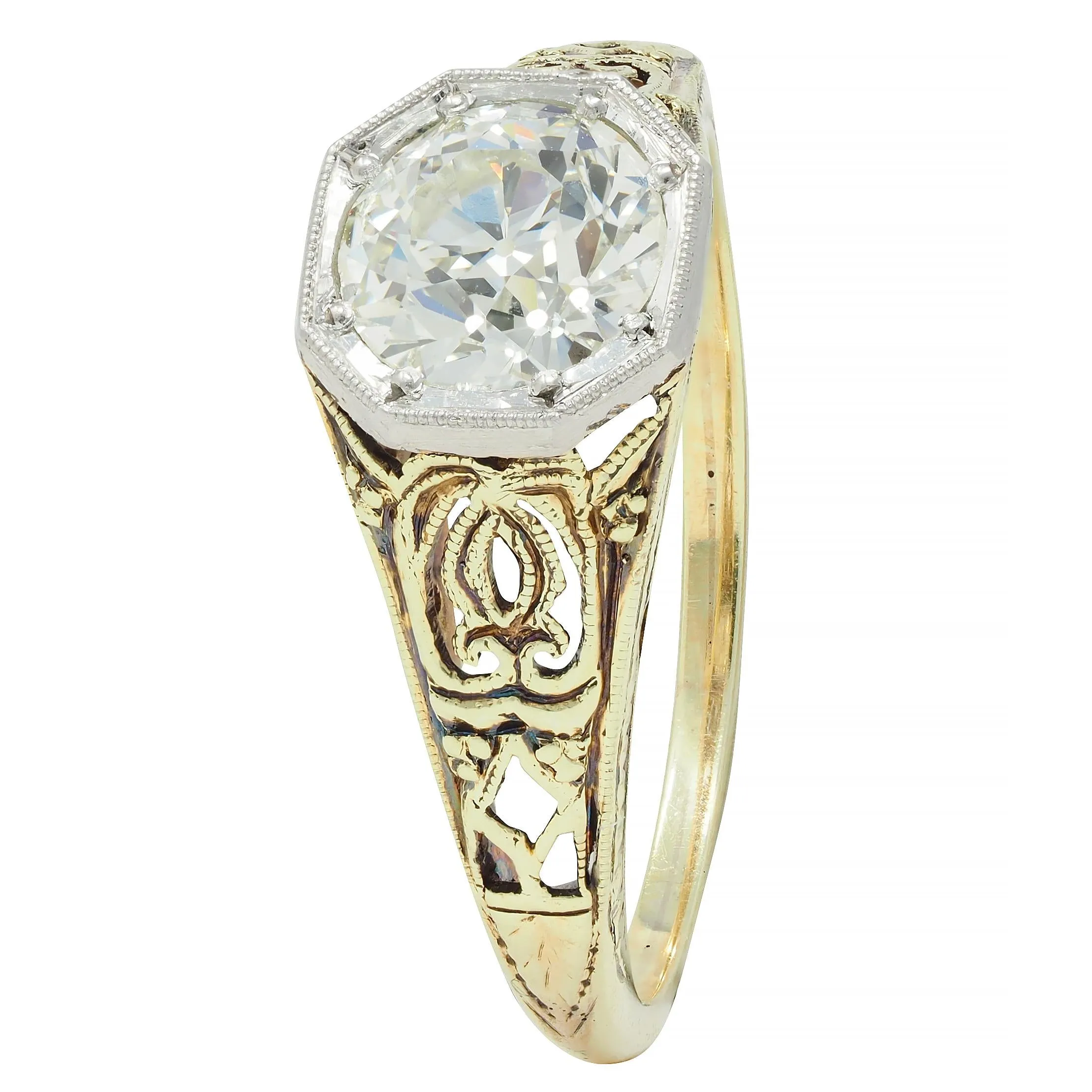 Early Art Deco 0.97 CTW Old European Cut Diamond Platinum 14 Karat Gold Scroll Antique Engagement Ring