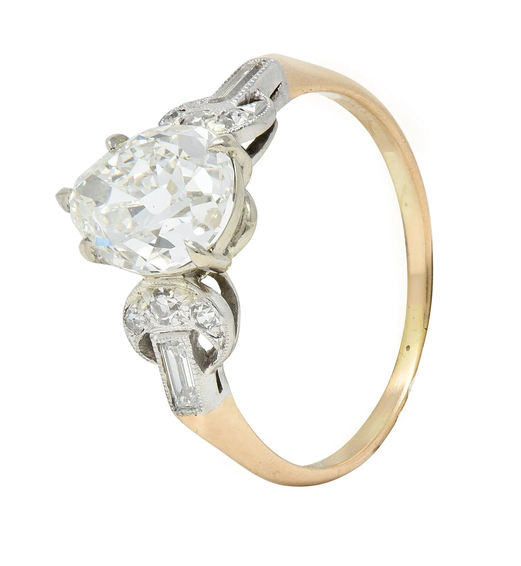 Edwardian 2.22 CTW Pear Cut Diamond Platinum 14 Karat Gold Crescent Antique Engagement Ring GIA