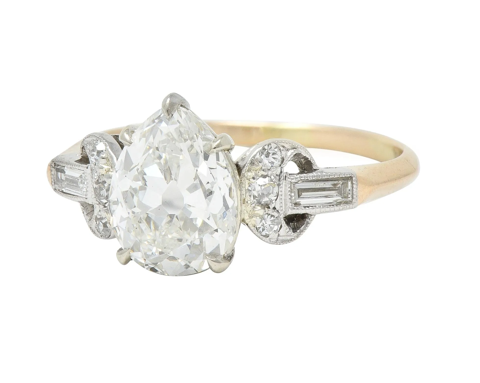 Edwardian 2.22 CTW Pear Cut Diamond Platinum 14 Karat Gold Crescent Antique Engagement Ring GIA