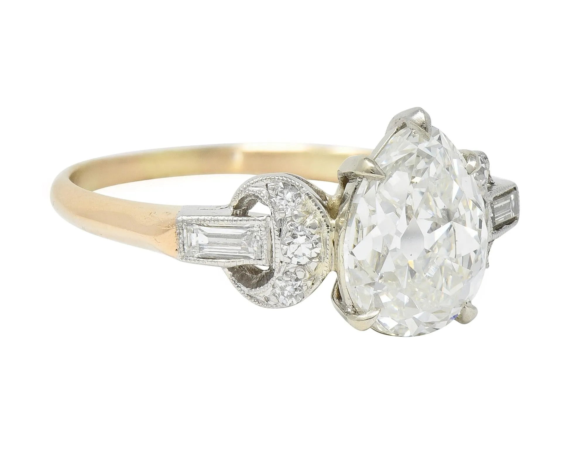 Edwardian 2.22 CTW Pear Cut Diamond Platinum 14 Karat Gold Crescent Antique Engagement Ring GIA