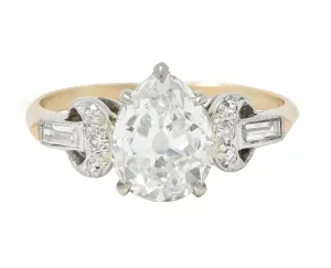 Edwardian 2.22 CTW Pear Cut Diamond Platinum 14 Karat Gold Crescent Antique Engagement Ring GIA
