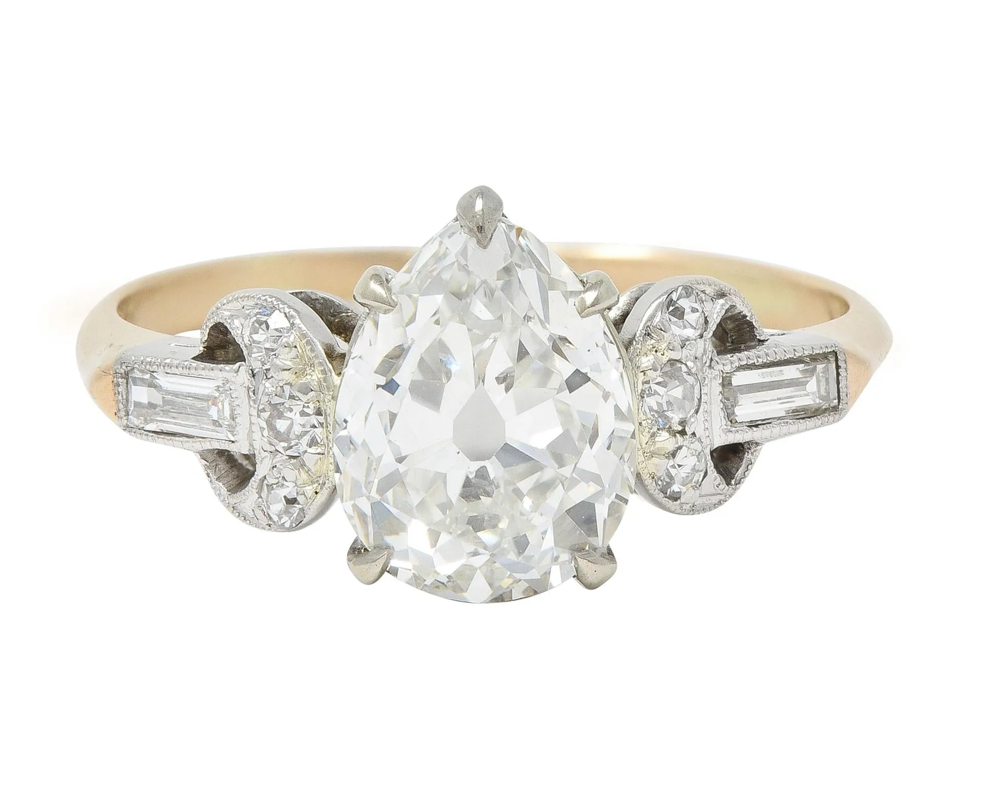 Edwardian 2.22 CTW Pear Cut Diamond Platinum 14 Karat Gold Crescent Antique Engagement Ring GIA
