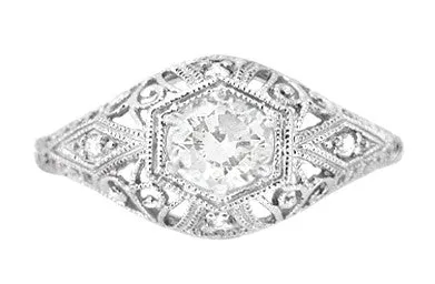 Edwardian Diamond Scroll Dome Filigree Engagement Ring in 14 Karat White Gold