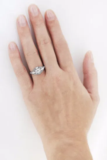Edwardian Diamond Scroll Dome Filigree Engagement Ring in 14 Karat White Gold