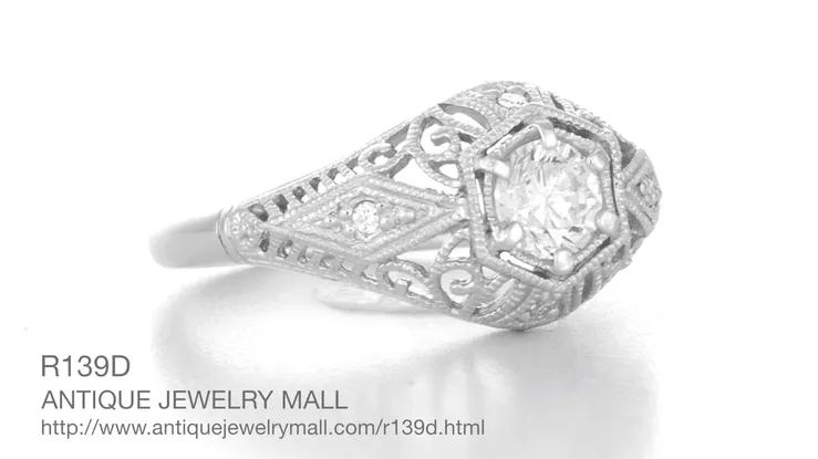 Edwardian Diamond Scroll Dome Filigree Engagement Ring in 14 Karat White Gold