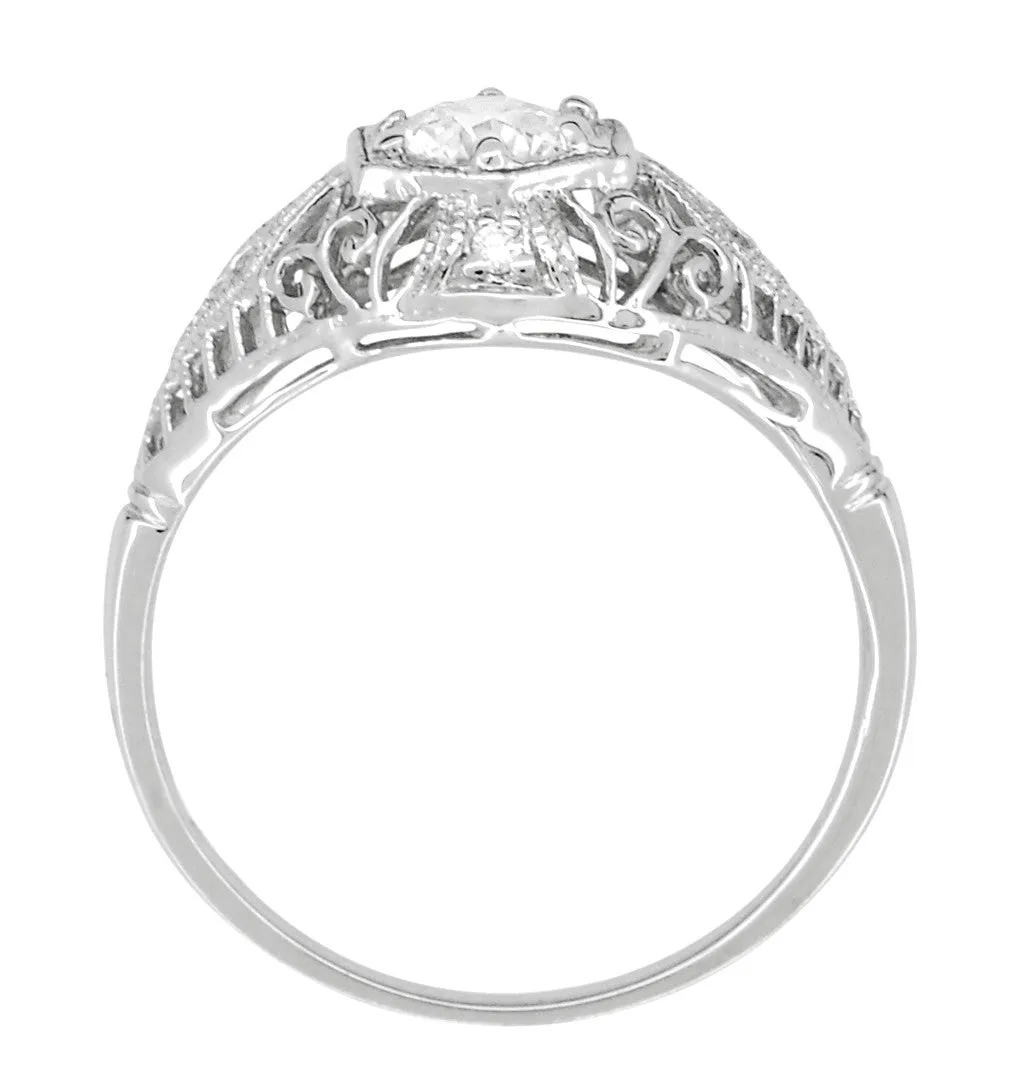 Edwardian Diamond Scroll Dome Filigree Engagement Ring in 14 Karat White Gold