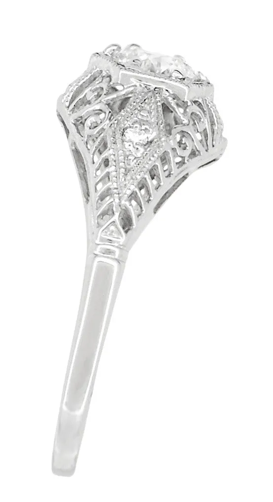Edwardian Diamond Scroll Dome Filigree Engagement Ring in 14 Karat White Gold