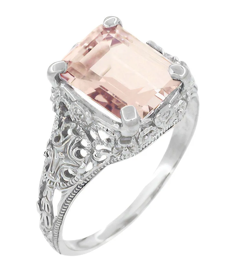Edwardian Filigree 3 Carat Emerald Cut Morganite Engagement Ring in Platinum