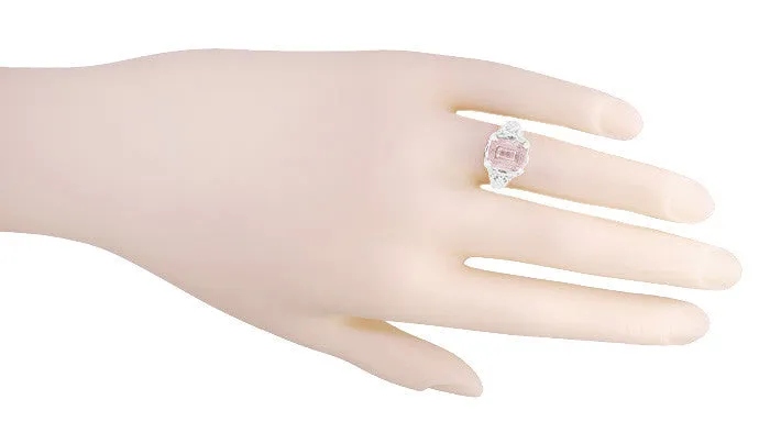 Edwardian Filigree 3 Carat Emerald Cut Morganite Engagement Ring in Platinum
