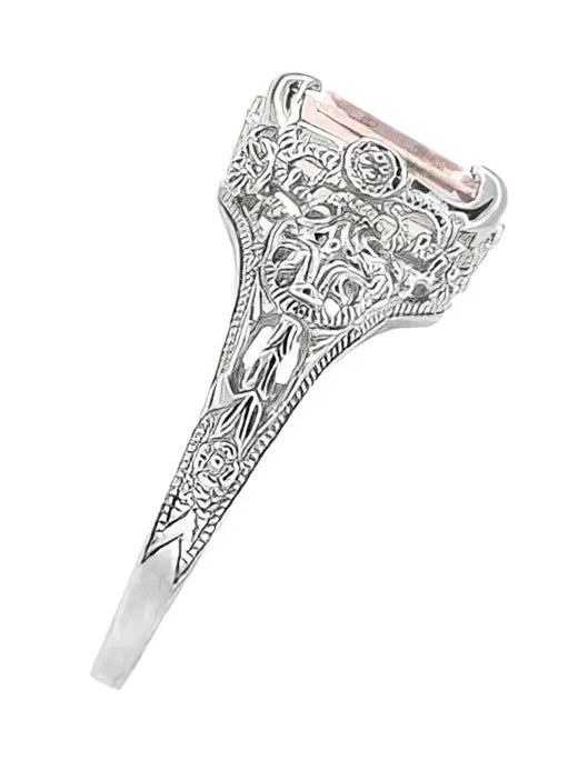 Edwardian Filigree 3 Carat Emerald Cut Morganite Engagement Ring in Platinum