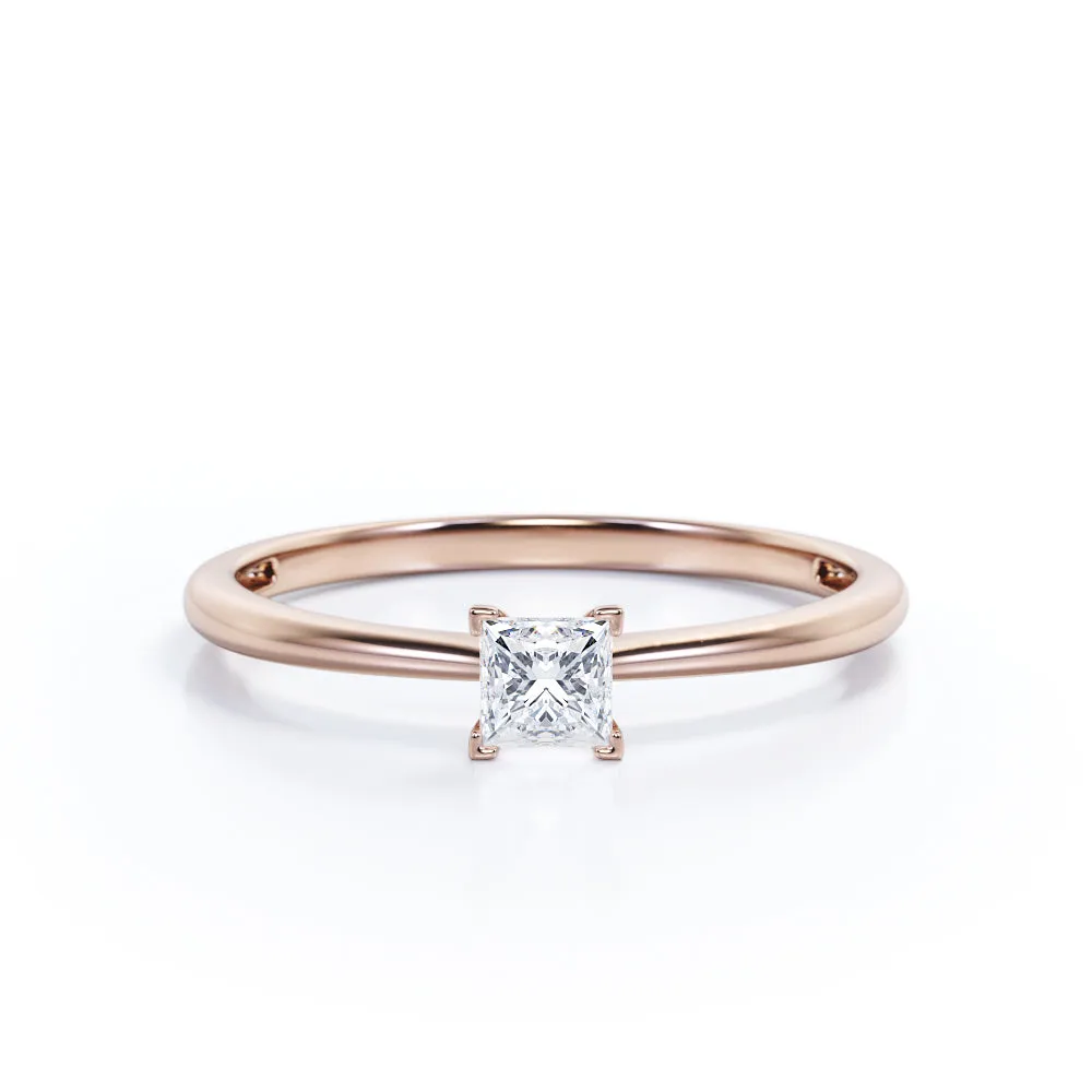Elegant Solitaire 0.5 carat Princess cut Moissanite-cathedral setting-tapered shank engagement ring in White gold