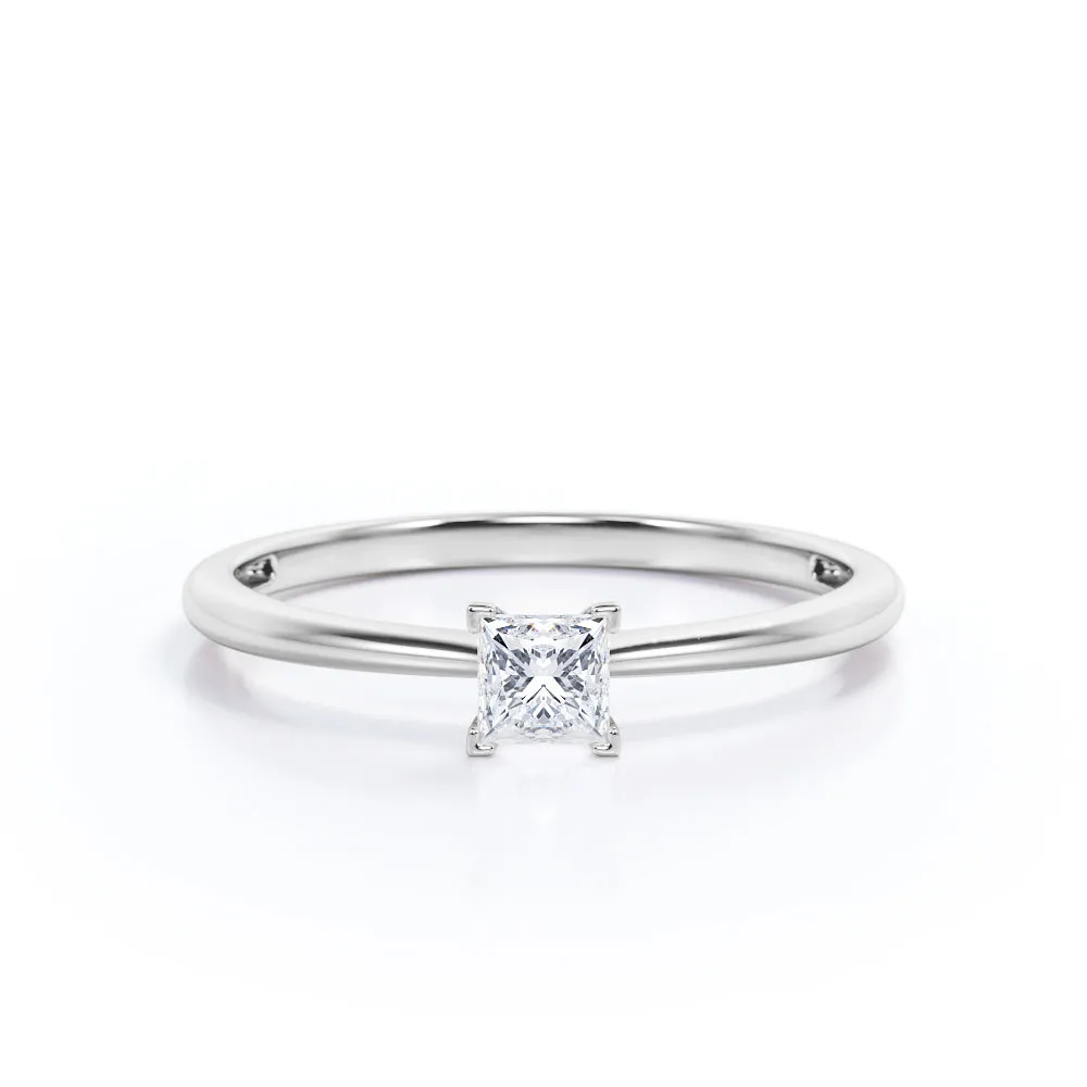 Elegant Solitaire 0.5 carat Princess cut Moissanite-cathedral setting-tapered shank engagement ring in White gold
