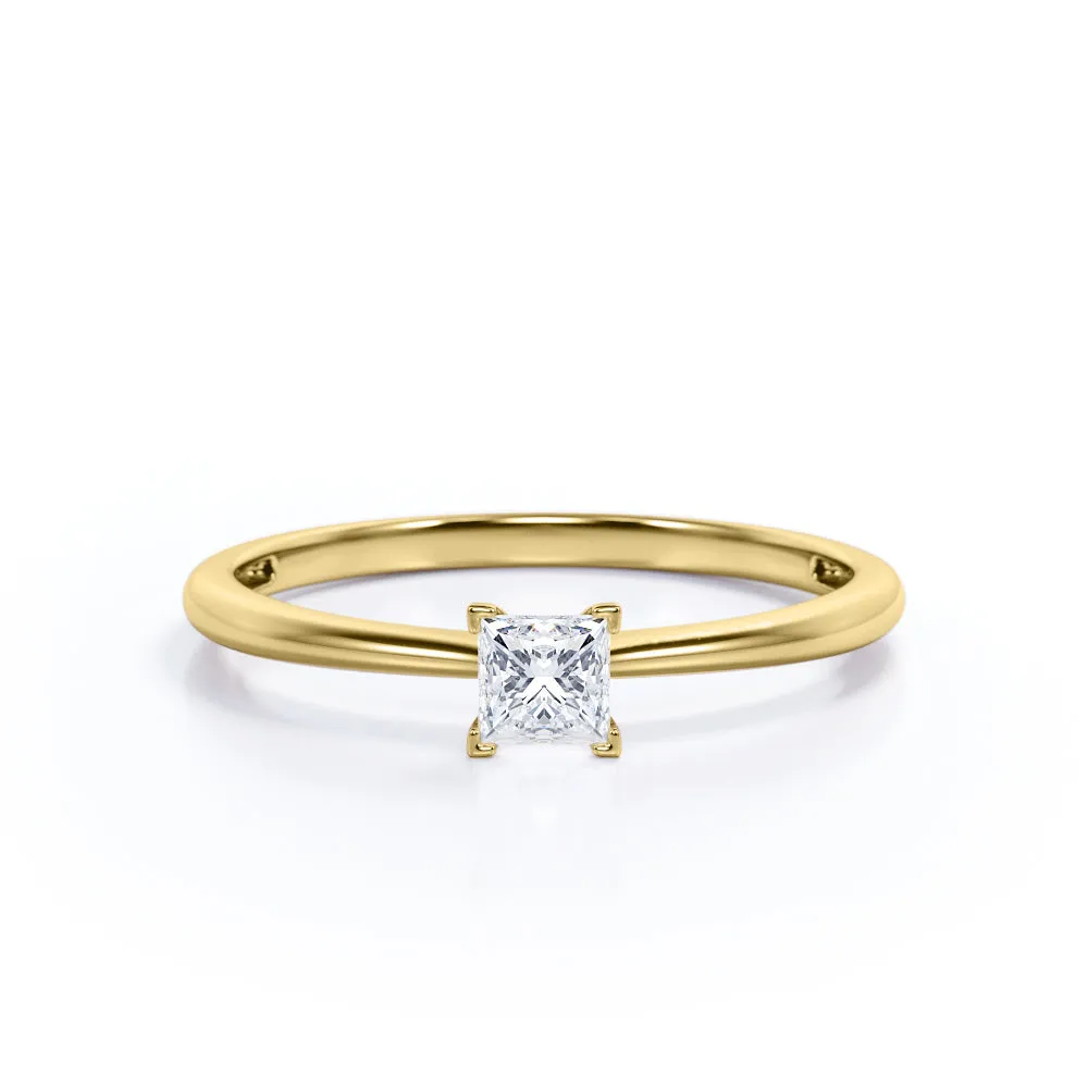 Elegant Solitaire 0.5 carat Princess cut Moissanite-cathedral setting-tapered shank engagement ring in White gold