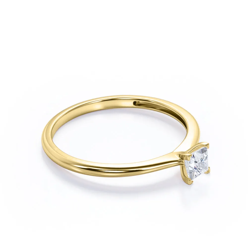 Elegant Solitaire 0.5 carat Princess cut Moissanite-cathedral setting-tapered shank engagement ring in White gold