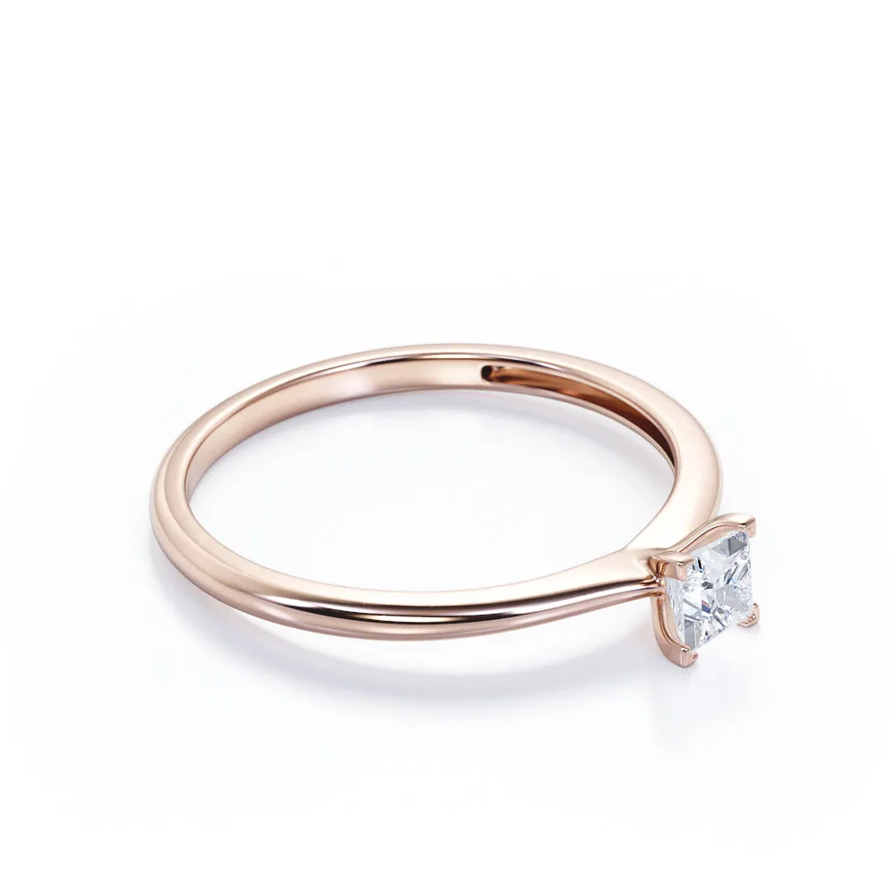 Elegant Solitaire 0.5 carat Princess cut Moissanite-cathedral setting-tapered shank engagement ring in White gold