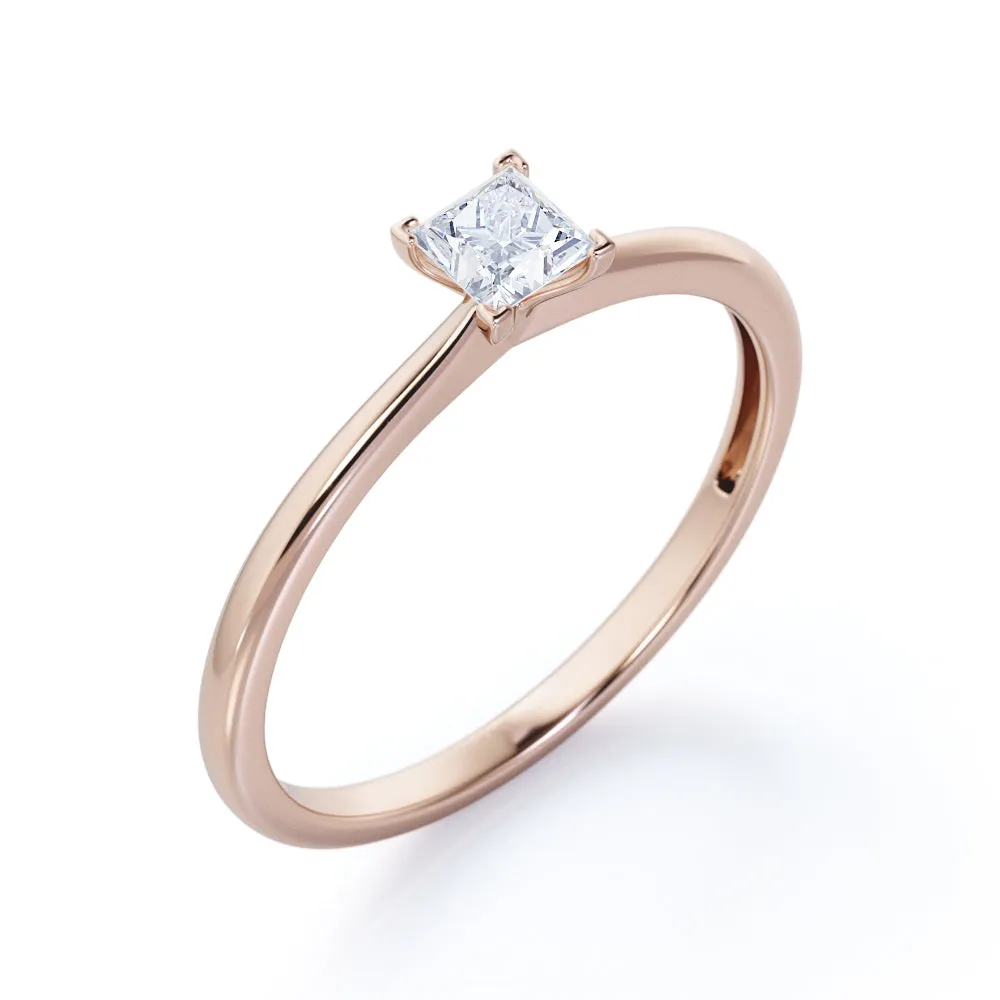 Elegant Solitaire 0.5 carat Princess cut Moissanite-cathedral setting-tapered shank engagement ring in White gold