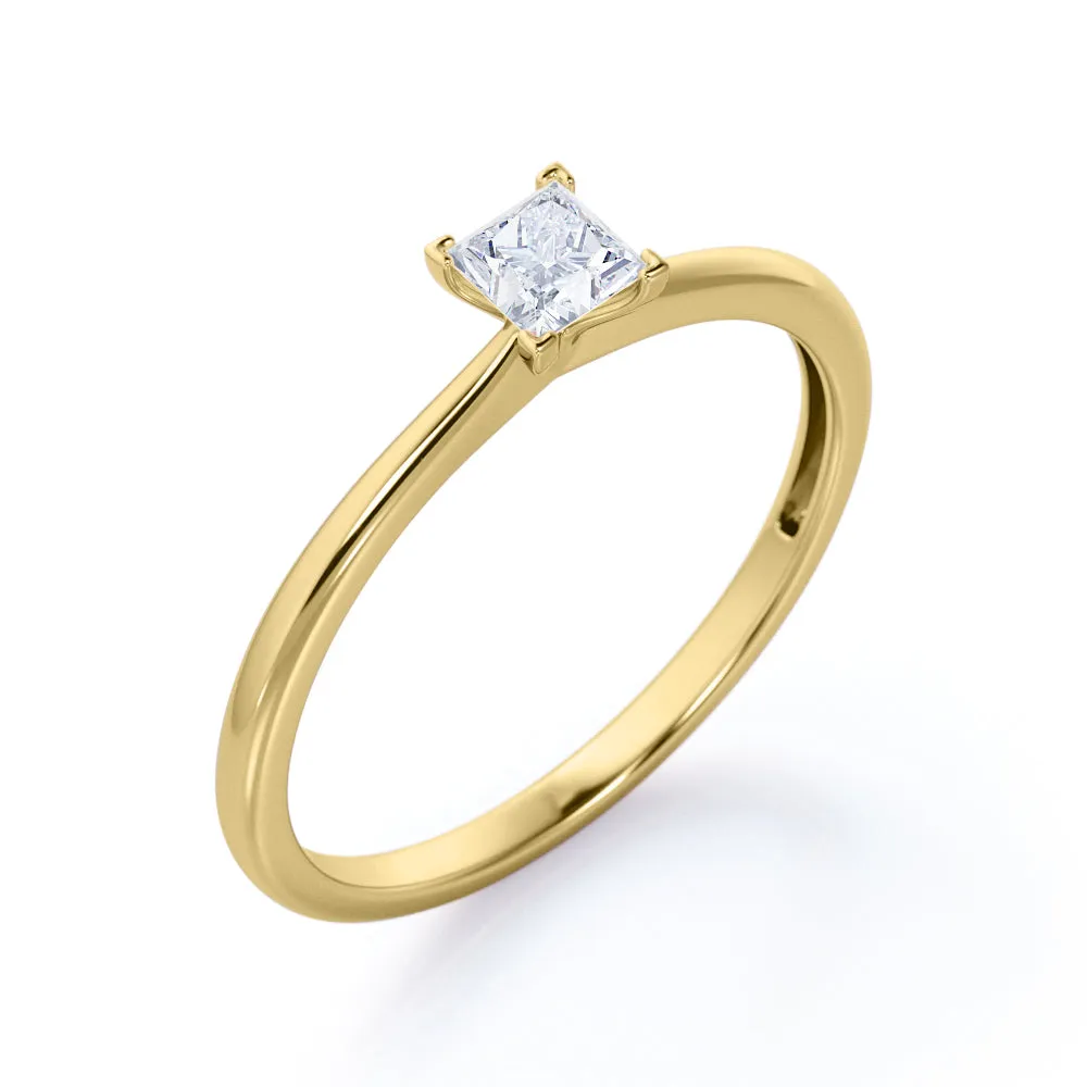 Elegant Solitaire 0.5 carat Princess cut Moissanite-cathedral setting-tapered shank engagement ring in White gold