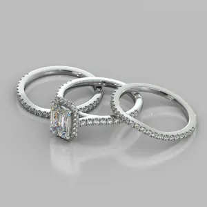 Emerald Cut Halo Style Trio Wedding Set With Accents