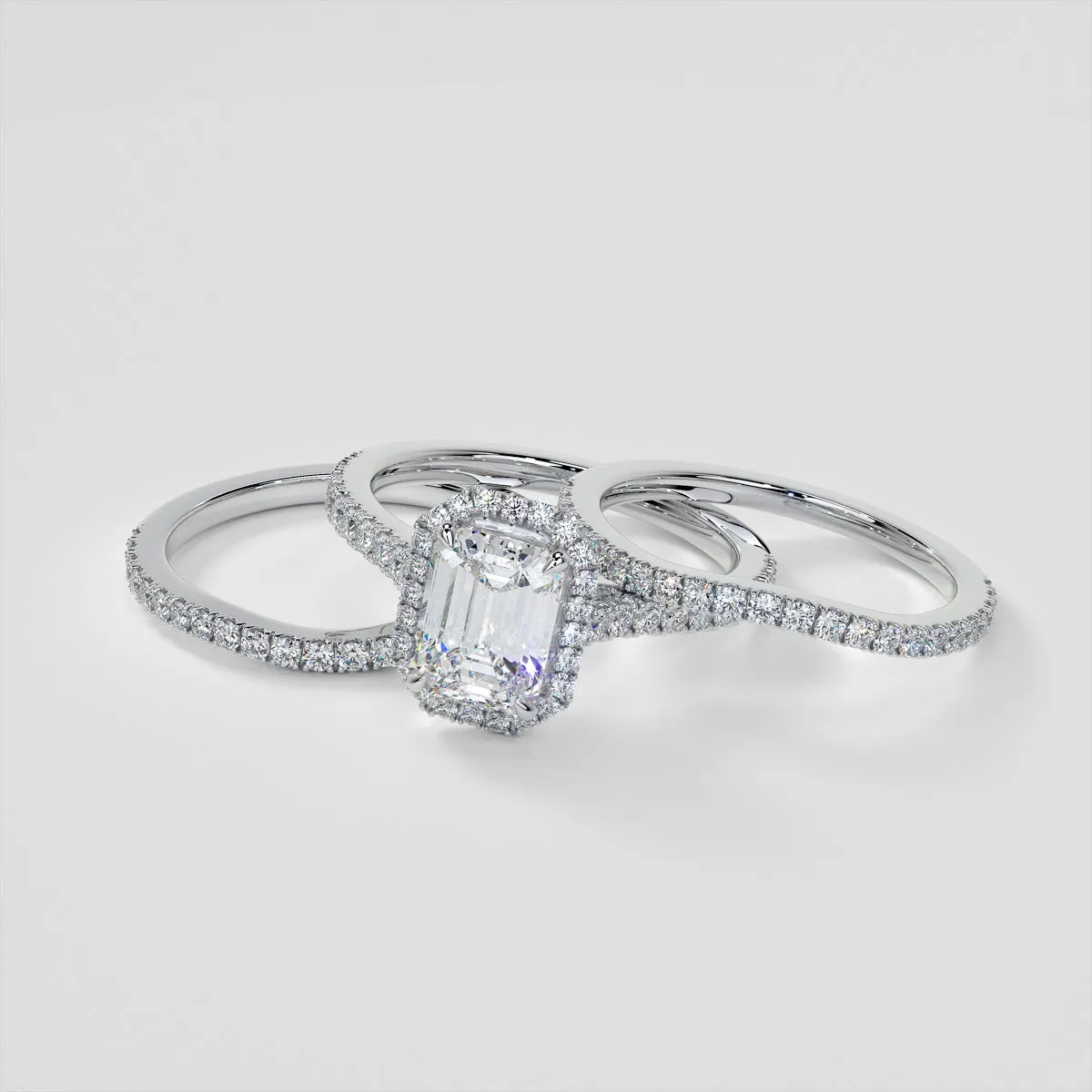 Emerald Cut Halo Style Trio Wedding Set With Accents