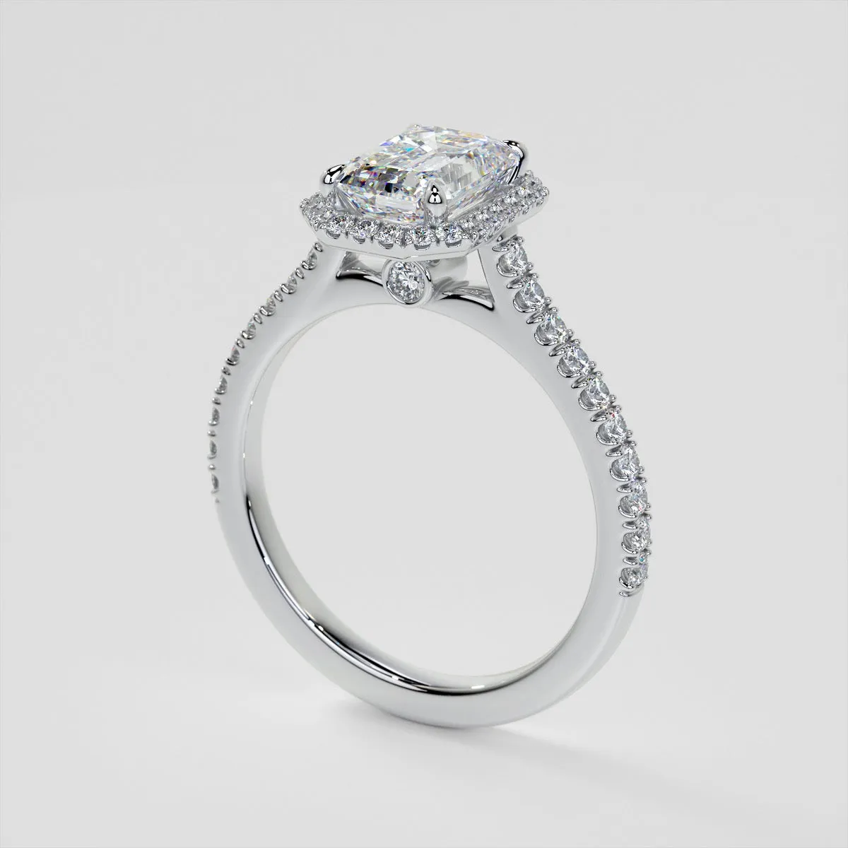Emerald Cut Halo Style Trio Wedding Set With Accents