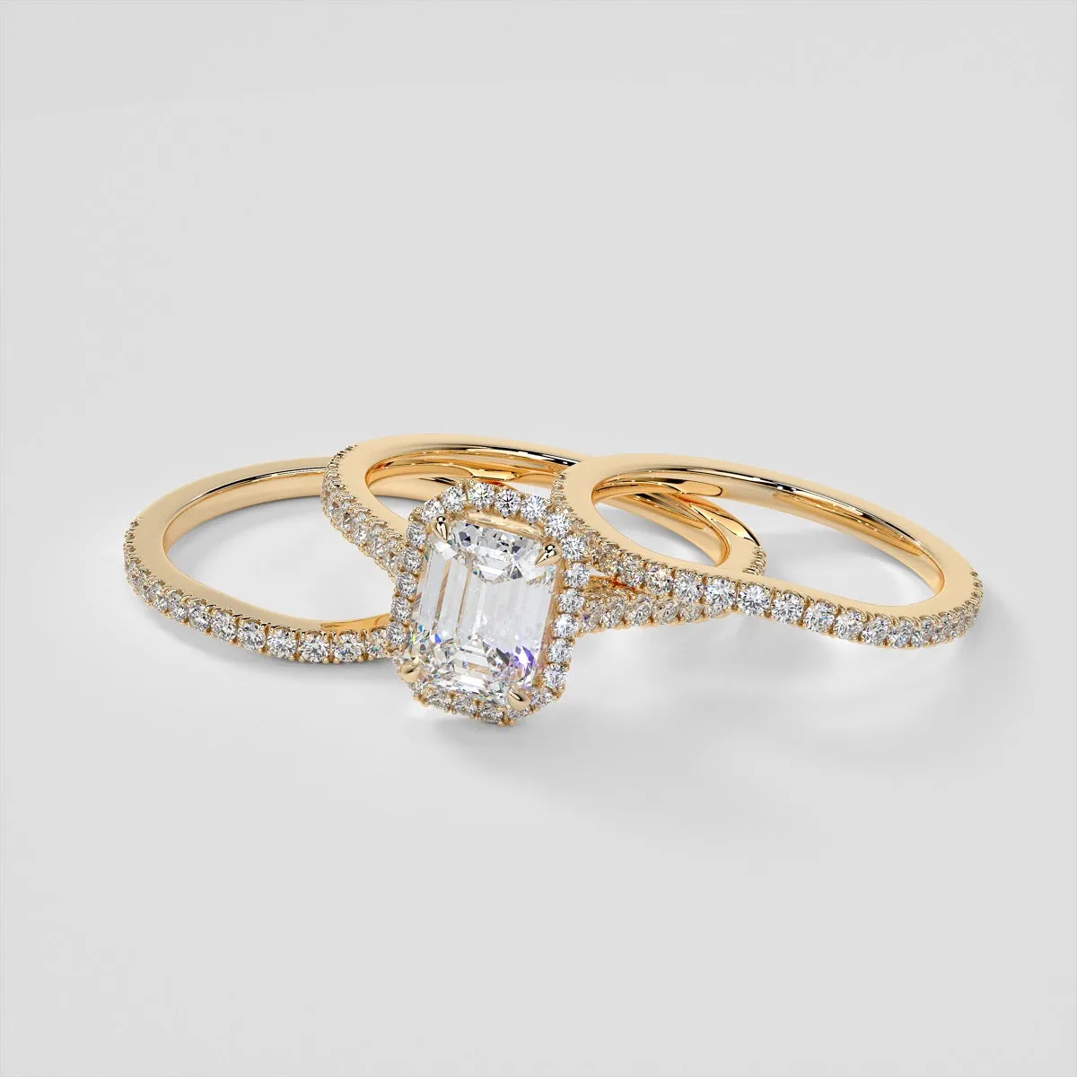 Emerald Cut Halo Wedding Set With Accents