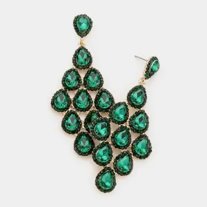 Emerald Rhinestone Trim and Teardrop Cluster Vine Pageant Earrings | Big Prom Earrings |  464623