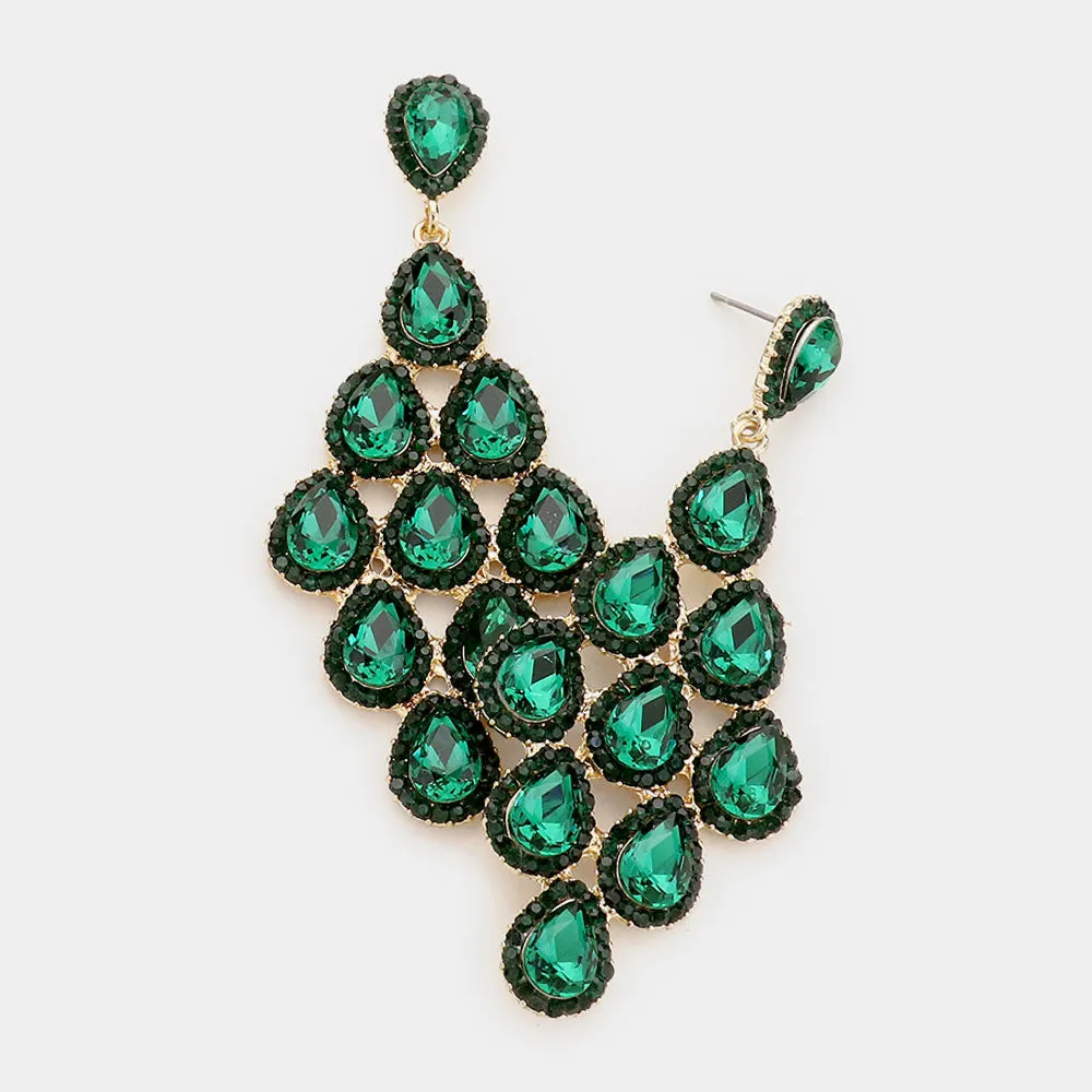 Emerald Rhinestone Trim and Teardrop Cluster Vine Pageant Earrings | Big Prom Earrings |  464623