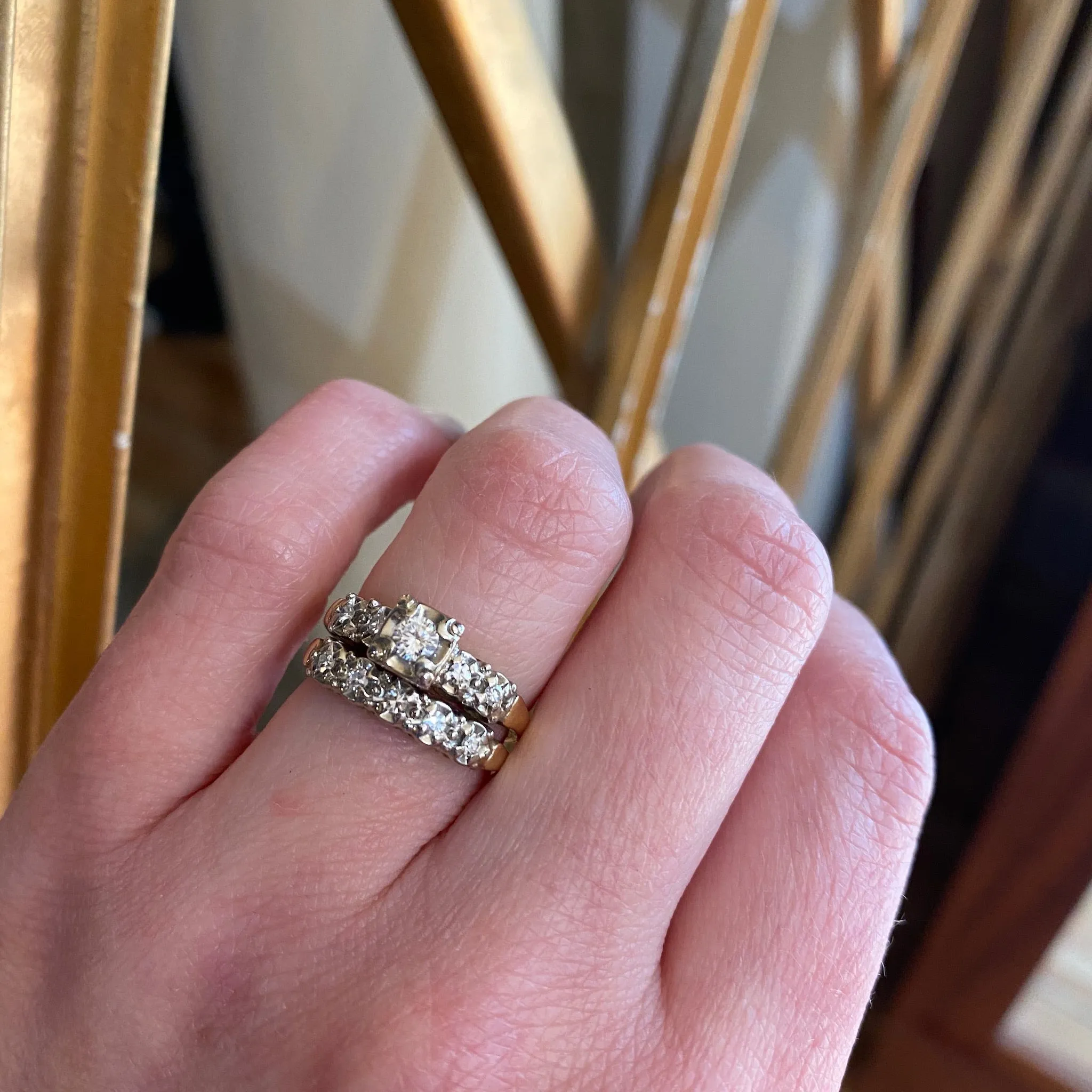 Excellent Condition Two Tone Gold & Diamond Wedding Set