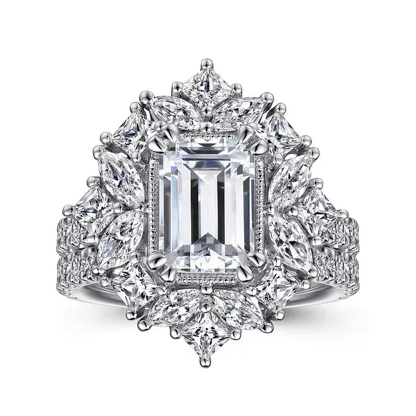 Fancy Halo Emerald Cut Diamond Engagement Ring Mounting