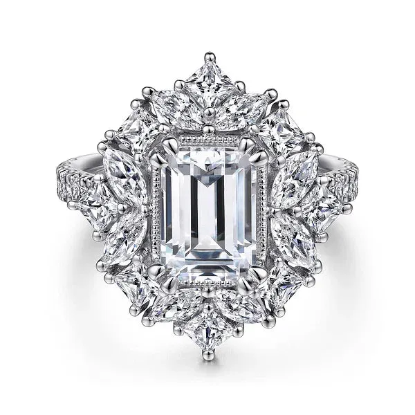Fancy Halo Emerald Cut Diamond Engagement Ring Mounting