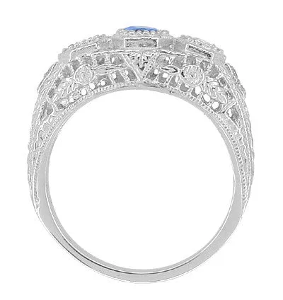 Filigree Edwardian Cornflower Blue Sapphire and Diamonds Three Stone Engagement Ring in 14 Karat White Gold